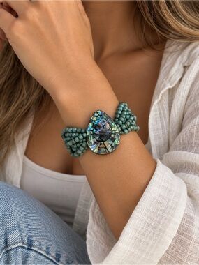 Bohemian Handcrafted Teal Beaded Bracelet with Abalone mosaic Teardrop Center